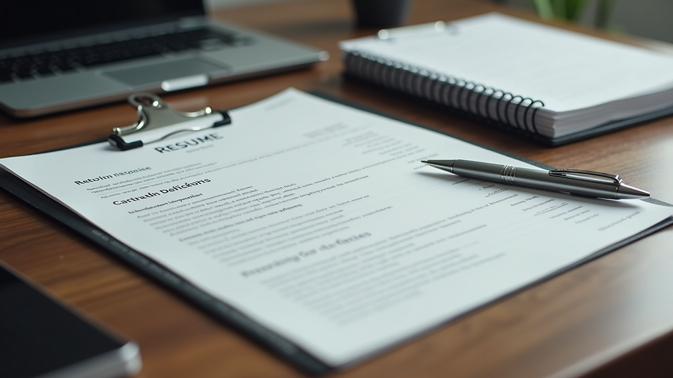 High angle view of a tidy desk with a resume and a pen