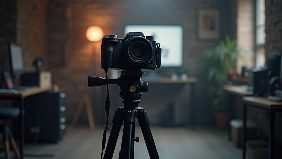 Eye-level view of a professional camera setup on a tripod in a studio