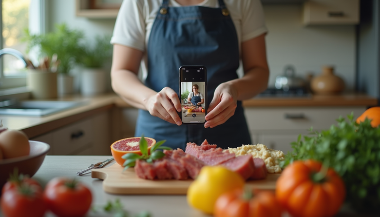 Eye-level view of a smartphone recording a simple cooking tutorial in a home kitchen