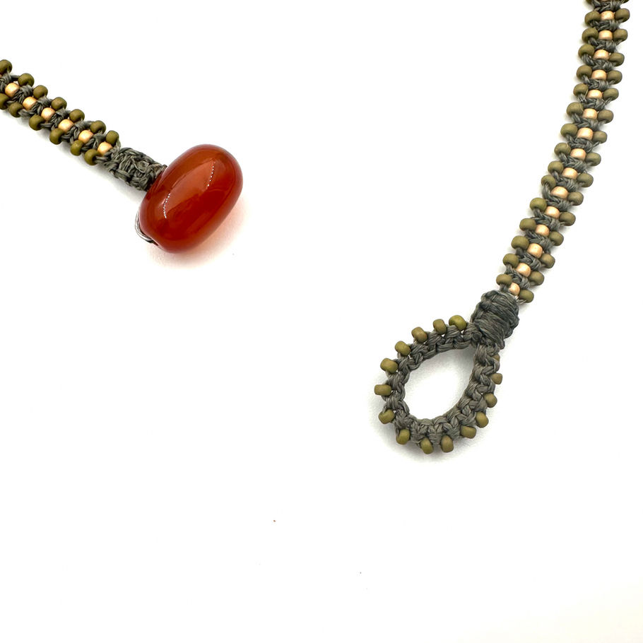 Hand-knotted micro-macramé closure with Red Creek Jasper necklace