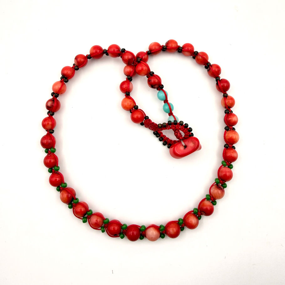 Red coral and amazonite gemstone necklace with handcrafted coral clasp