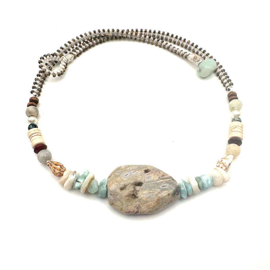 Ocean Jasper necklace with natural Ocean Jasper gemstone and light blue natural gemstone beads