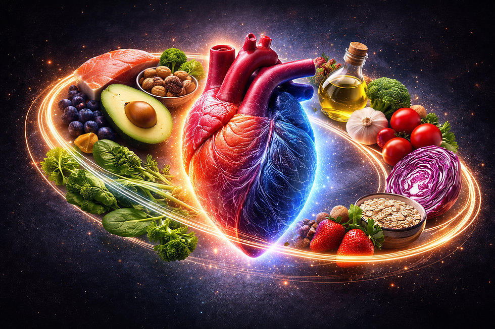 Cuore anatomico realistico al centro, metà sinistra rossa e metà destra blu, su sfondo nero stile universo; intorno un anello di frutta e verdura e altri alimenti salutari che orbitano come un anello di Saturno.