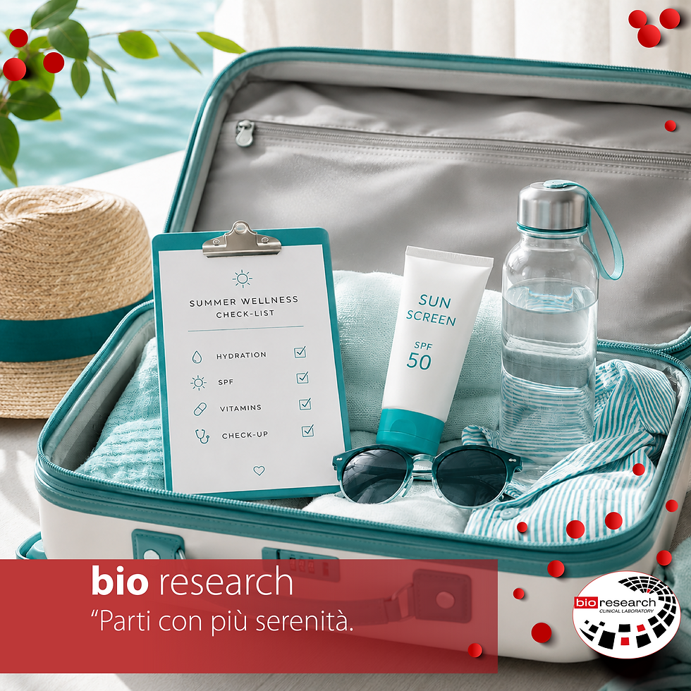 Persona con valigia, bicchiere d’acqua e luce estiva. Grafica delicata con valori ematici. Titolo: Più salute alla tua estate.