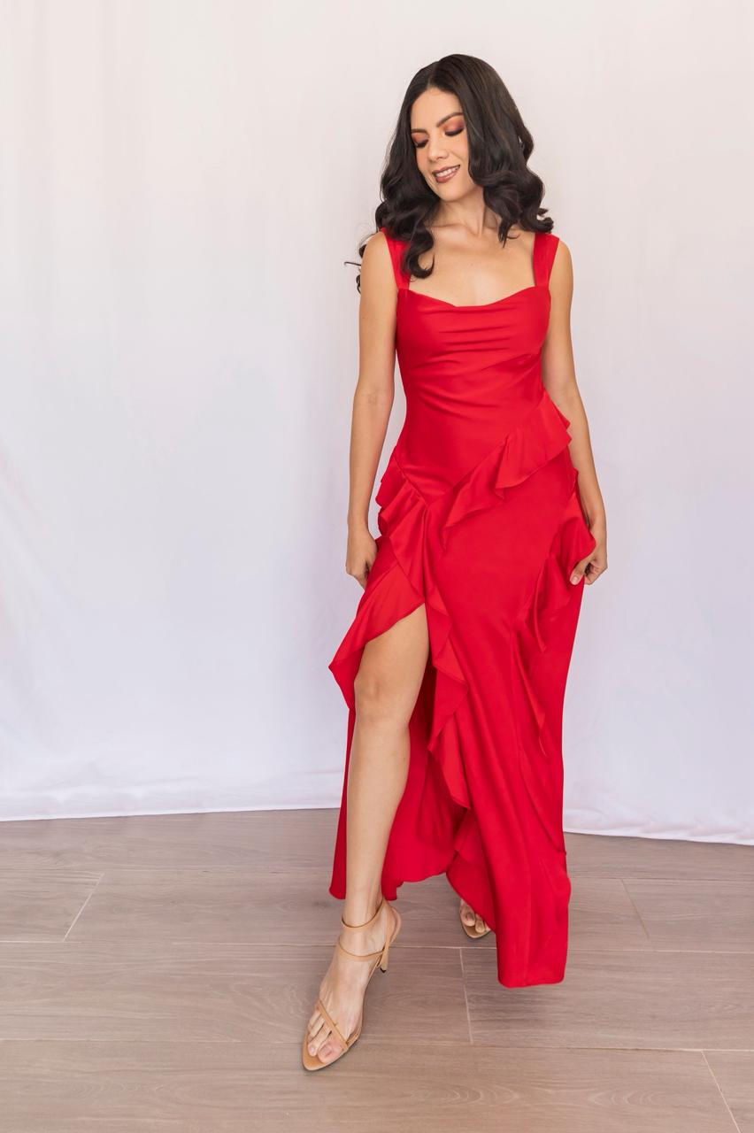 MAXIDRESS CON OLANES ROJO