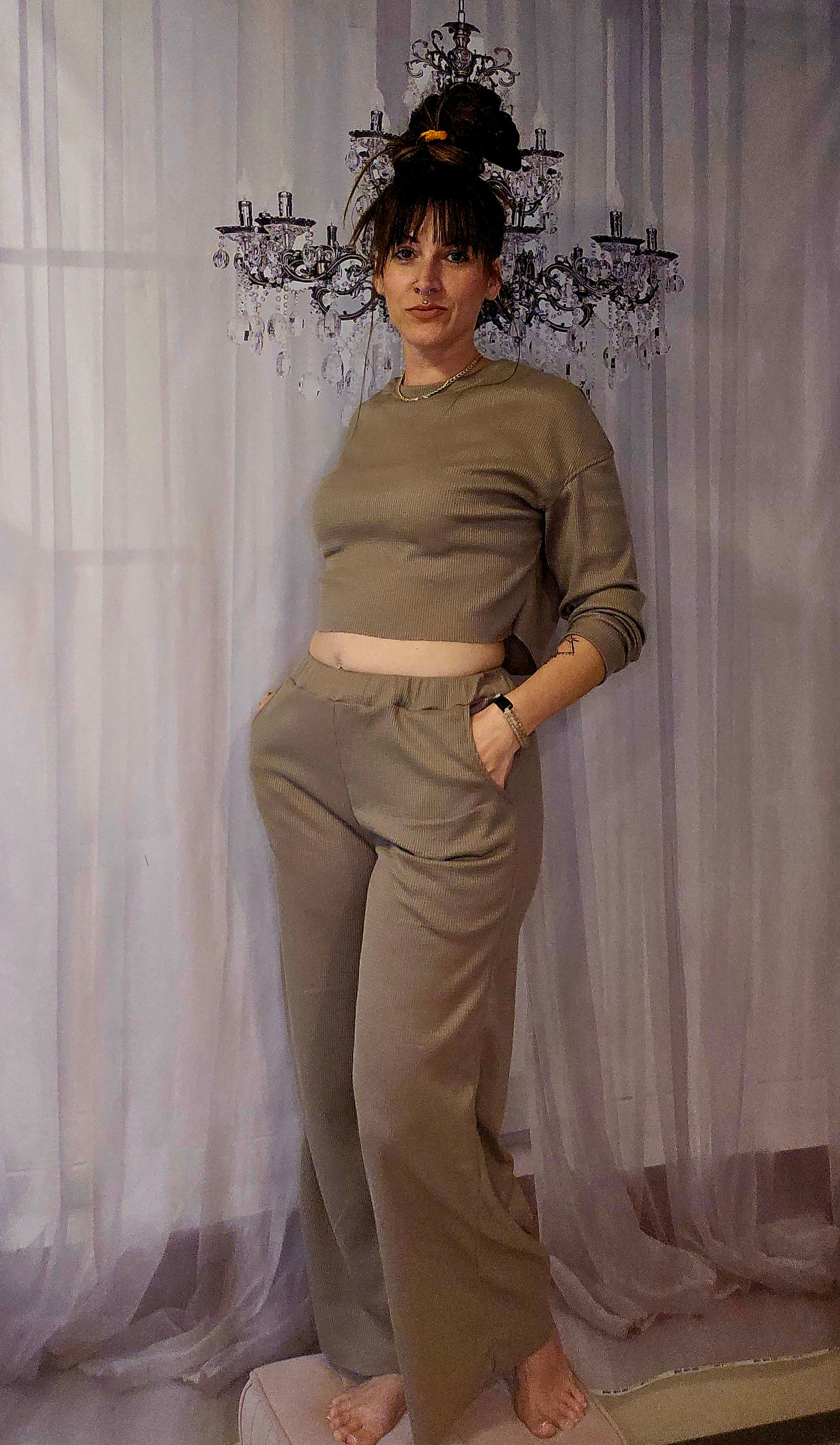 Waffle Long Sleeve Crop Wide Leg Pant 2 Piece Set