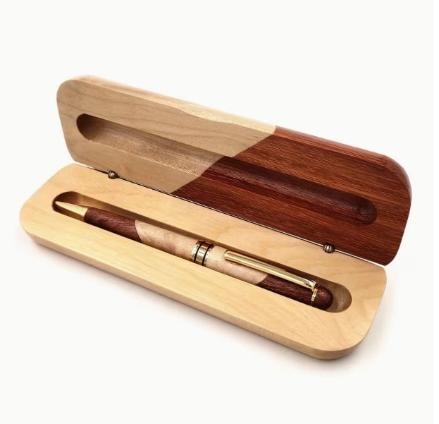 Thumbnail: Brown Wood with Gold Trim Ballpoint Pen Box Set  (Personalised)