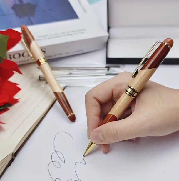 Thumbnail: Brown Wood with Gold Trim Ballpoint Pen Box Set  (Personalised)