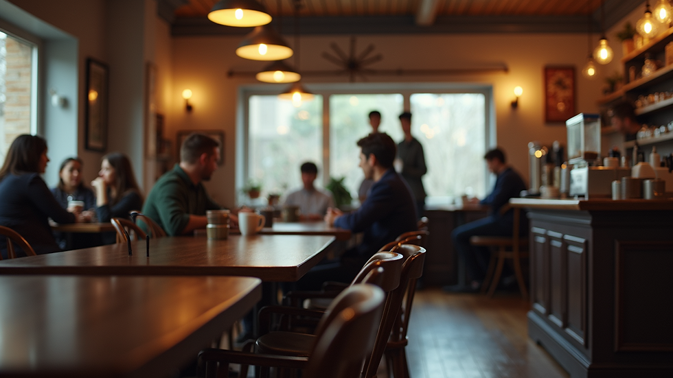 Eye-level view of a cozy coffee shop interior with people engaged in conversation