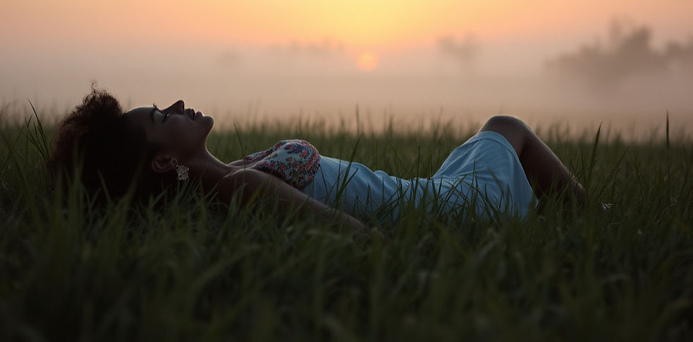 a black woman laying on her back in grass under the haze of the sunrise with a mimosa tree