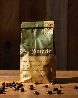 Premium brand photoshoot of a  roasted American Coffee beans in natural packaging, displayed on a rustic wooden surface for coffee brand.