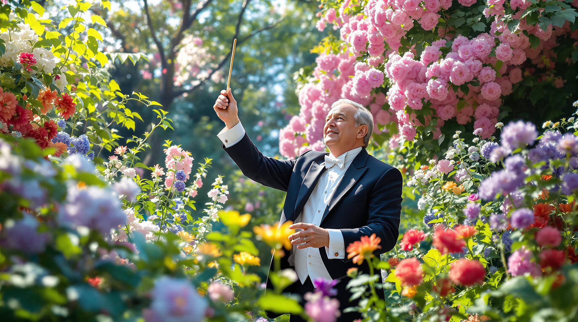 A music conductor conducting an orchestra in a beautiful garden