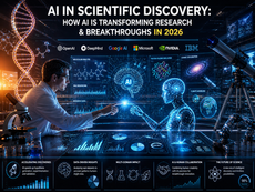 Scientist interacts with AI interface in a lab. DNA, molecules, and telescope in the background. Text highlights AI's role in 2026 discoveries.