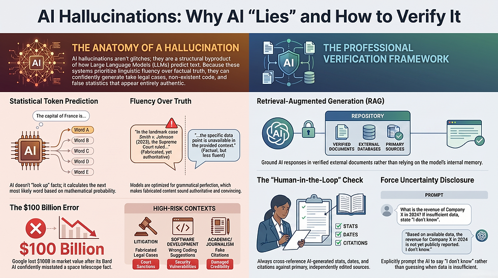 Infographic titled AI Hallucinations: Why AI Lies and How to Verify It, with diagrams on RAG, human review, and uncertainty disclosure