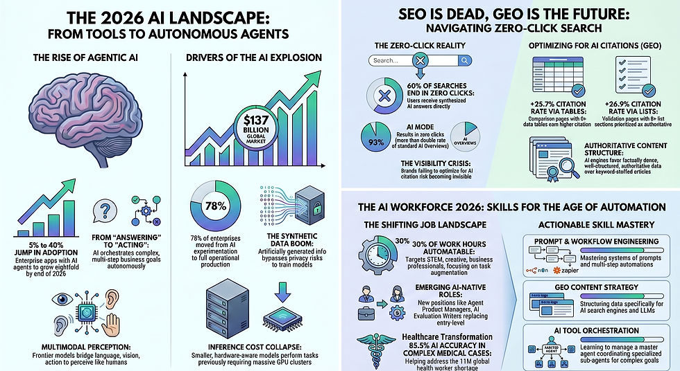 Explore the 2026 Generative AI landscape: from the rise of Agentic AI and multimodal systems to the shift toward Generative Engine Optimization (GEO). Learn how a $137B market is reshaping jobs, industry workflows, and digital search.