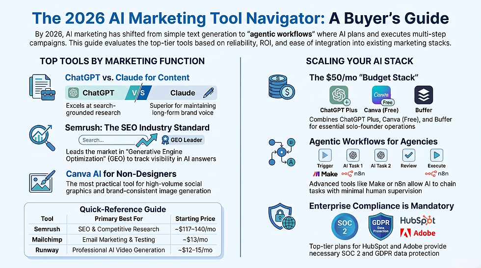 Infographic titled The 2026 AI Marketing Tool Navigator, comparing ChatGPT, Claude, Semrush, Canva, Buffer, Make, n8n, HubSpot.