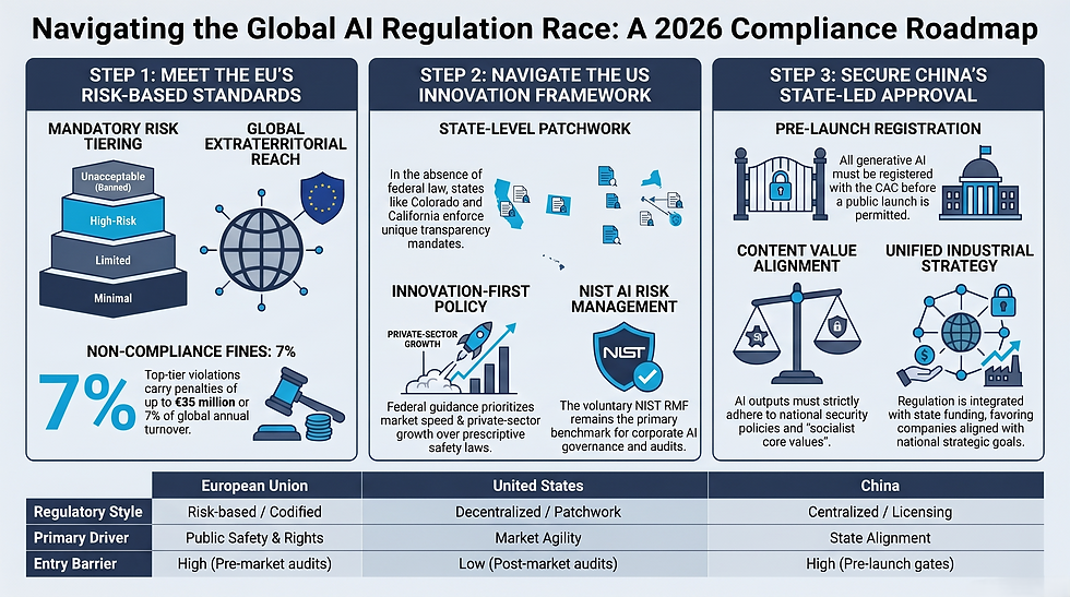 Infographic on global AI regulation roadmap: EU risk tiers, US patchwork, China prelaunch approval, with compliance icons and table at bottom
