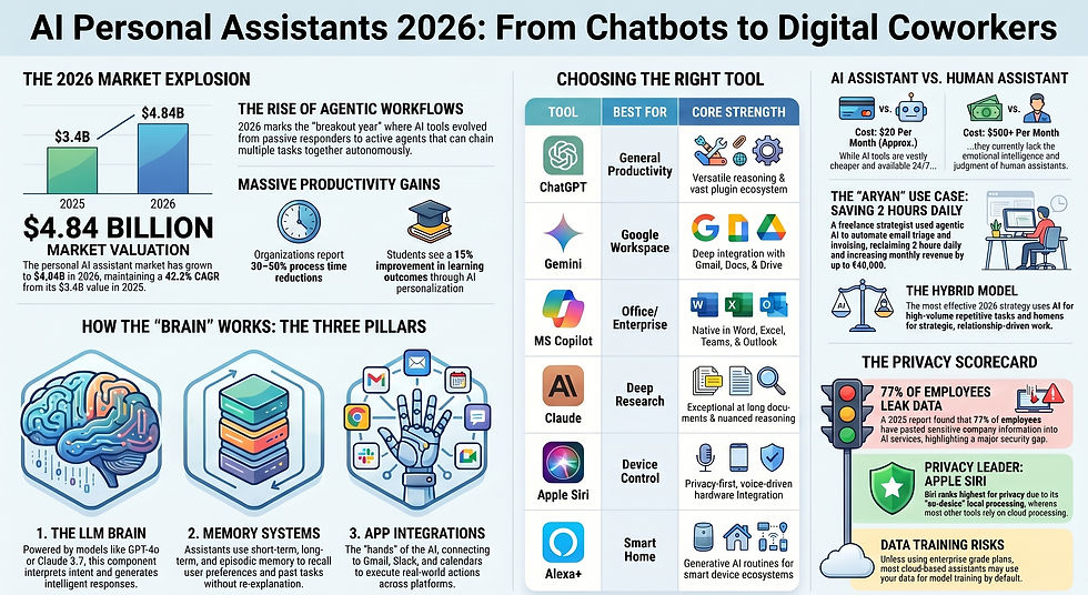 Overview of the core capabilities and agentic workflows of AI personal assistants in 2026.