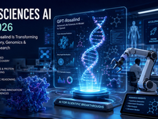 Futuristic lab scene with a robotic arm and holographic DNA. Scientists work in the background. Text highlights AI's role in life sciences.