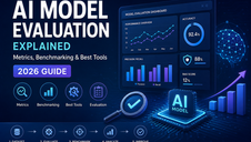 AI Model Evaluation graphic with charts, graphs, and metrics. Text: AI Model Evaluation Explained, 2026 Guide. Blue and purple theme.