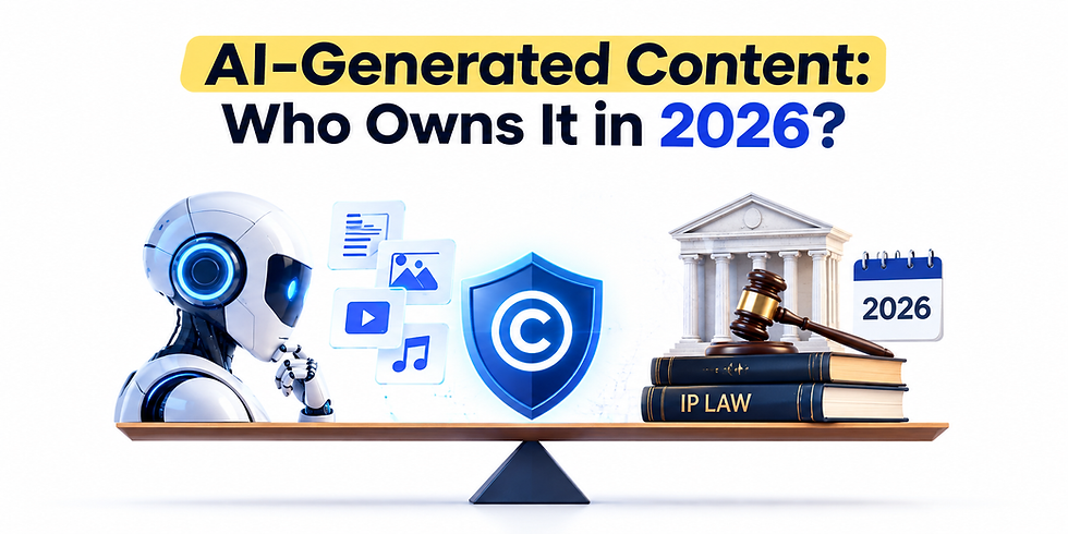 AI robot and copyright shield balanced against IP law books, gavel, court icon and 2026 calendar; headline asks who owns AI content?