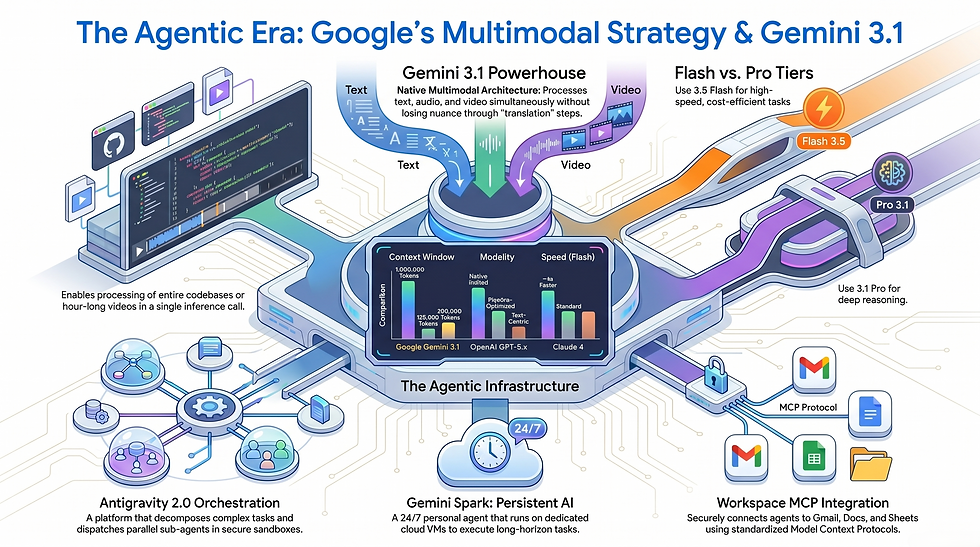 An evolutionary infographic comparing traditional text-based AI models to native multimodal architectures, illustrating how systems like Gemini 3.1 process text, audio, image, and video simultaneously within a single neural network.