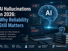 AI hallucinations in 2026 poster: glowing AI brain, warning laptop, and books on grounding, evaluation, governance, human oversight.