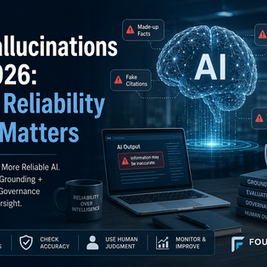 AI hallucinations in 2026 poster: glowing AI brain, warning laptop, and books on grounding, evaluation, governance, human oversight.