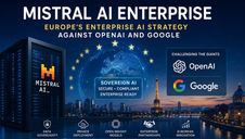 Mistral AI enterprise graphic with Paris skyline, EU stars, OpenAI and Google logos, and text on sovereign AI and enterprise strategy