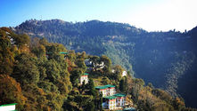Colorful hillside village with green-roofed houses on a forested mountain under a clear blue sky, serene view