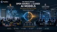 open-source vs closed AI models, with glowing globe, office teams, and text on transparency, security, scalability.