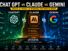 AI models ChatGPT, Claude, and Gemini face off in a futuristic city setting. Highlighted features and logos with a glowing 2026 banner.