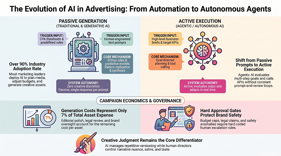Infographic comparing passive and active AI in advertising, with icons, charts, and text about autonomy, costs, governance, and approval gates