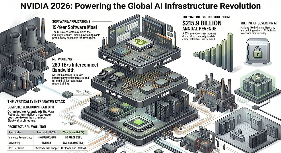 Illustration of NVIDIA's 2026 AI infrastructure with circuit-themed platforms labeled Software, Networking, and AI Factory. Text highlights revenue and AI advancements.