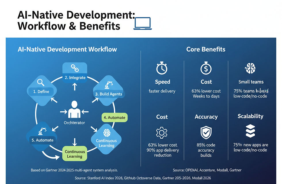 Infographic illustrating the AI-Native Development Workflow (Define, Integrate, Build Agents, Automate, Continuous Learning, orchestrated by a human) and its core benefits: increased speed, reduced cost (63% lower), improved accuracy (85% successful builds), and enhanced scalability, allowing small teams to build more.