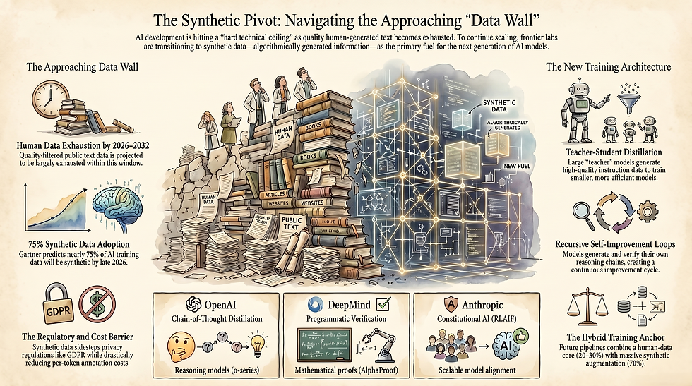 Infographic on AI’s data wall, with stacks of books and human data turning to synthetic data, plus labels and charts.