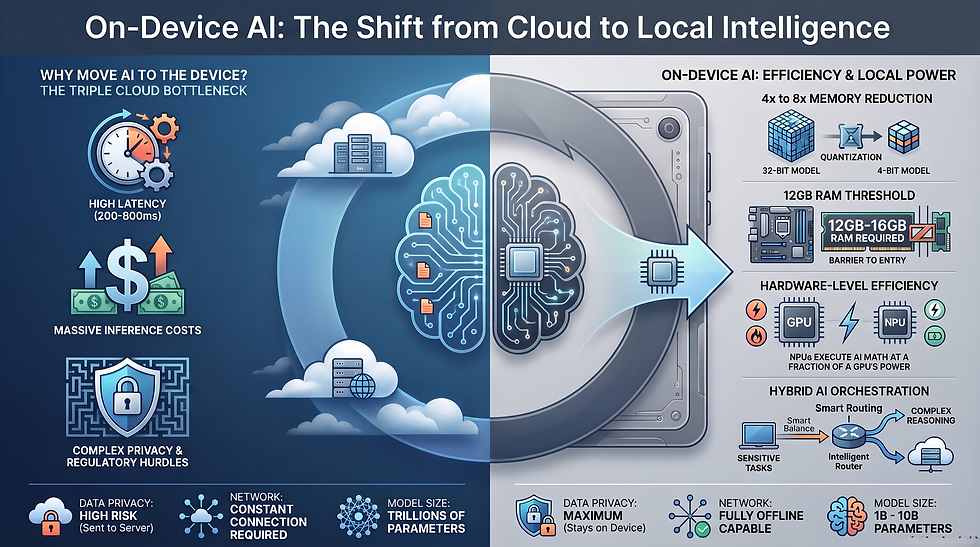 Infographic comparing cloud AI bottlenecks and on-device AI efficiency, with brain-chip icons and labels on latency, cost, privacy, RAM.
