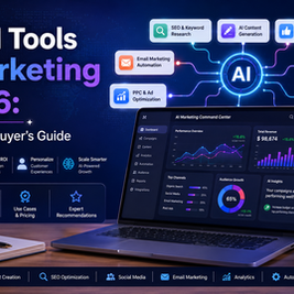 Best AI tools for marketing in 2026 dashboard showcasing AI software for SEO, content creation, social media, email marketing, analytics, and marketing automation.