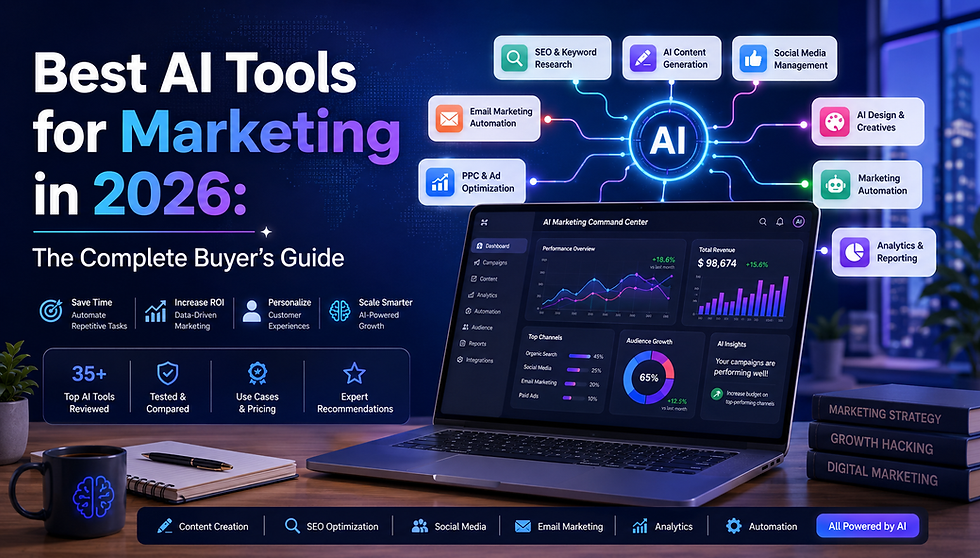 Best AI tools for marketing in 2026 dashboard showcasing AI software for SEO, content creation, social media, email marketing, analytics, and marketing automation.