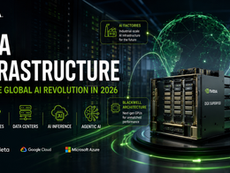 NVIDIA AI Infrastructure promo with servers, glowing green lines, and futuristic data symbols. Text highlights AI advancements for 2026.