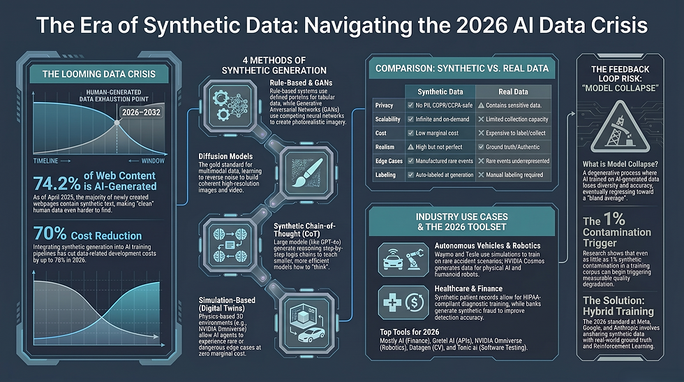 A conceptual infographic titled 'Navigating the AI Data Crisis' illustrating the decline of usable human-generated internet data and the critical transition to synthetic data to prevent AI development stagnation by 2026.