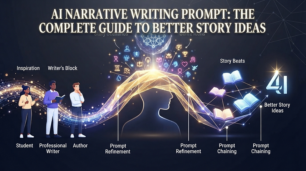 Infographic titled AI Narrative Writing Prompt showing student, writer, and author guiding a glowing story path to better story ideas