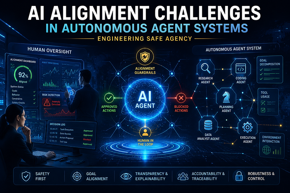 Infographic on AI alignment challenges in autonomous agent systems, with dashboards, human oversight, and AI agent workflow.