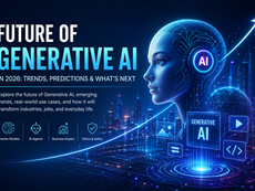 Futuristic AI-themed poster with a blue glowing cyborg head, city skyline, and text: Future of Generative AI in 2026, trends, predictions.