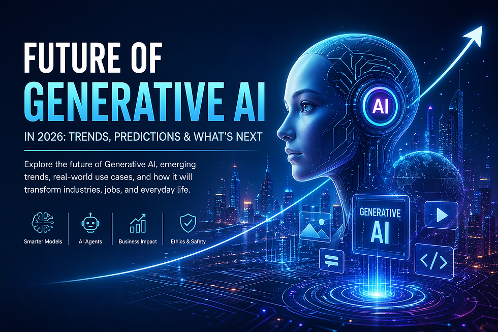 Futuristic AI-themed poster with a blue glowing cyborg head, city skyline, and text: Future of Generative AI in 2026, trends, predictions.