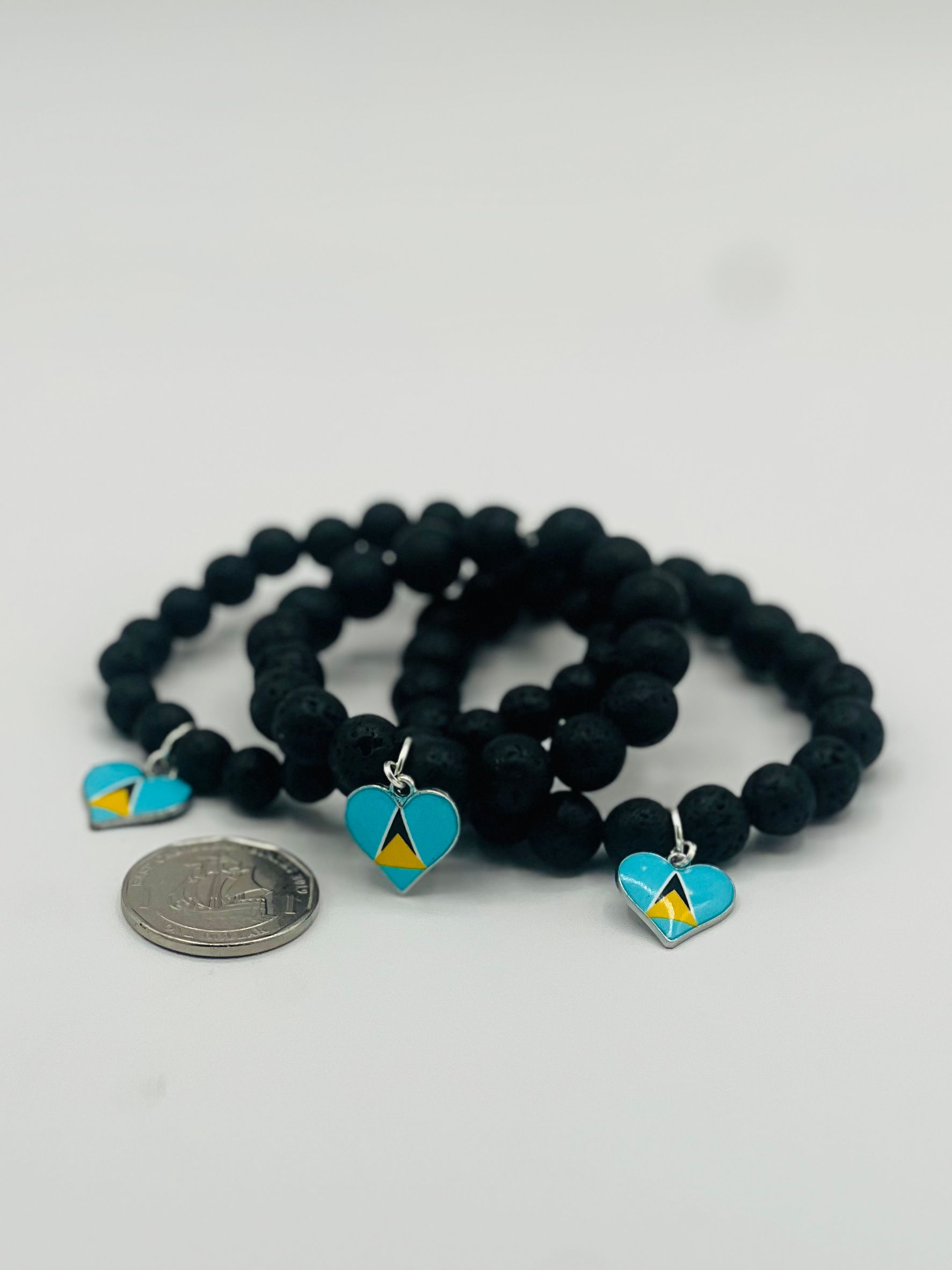St.Lucian Flag Charm Lava Stone Bracelet 10mm 