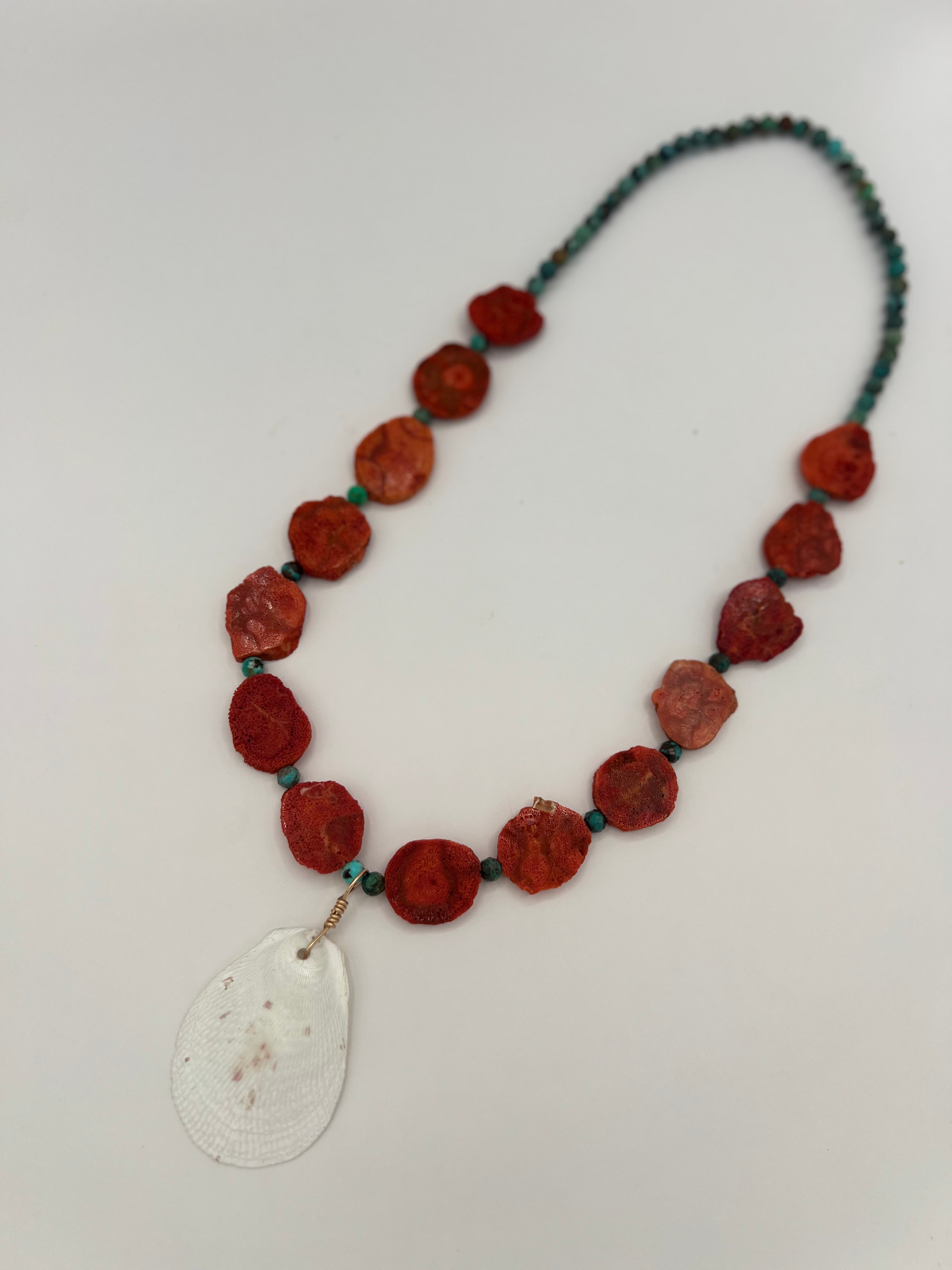 St.Lucian Clam Shell Pendant with an Orange Sponge Coral and Turquoise Necklace 
