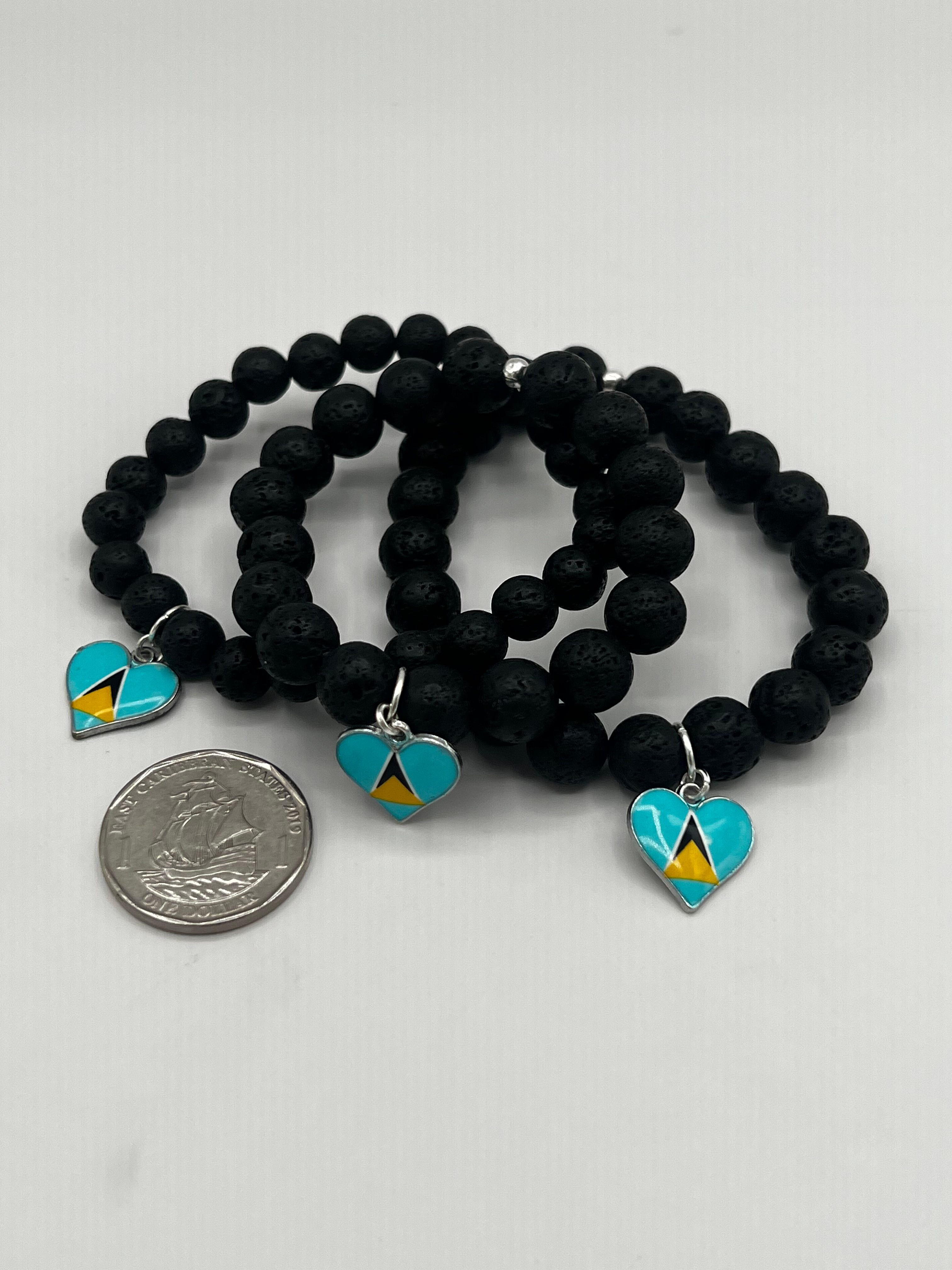 St.Lucian Flag Charm and Lava Stone Bracelet 8mm - 7inch 