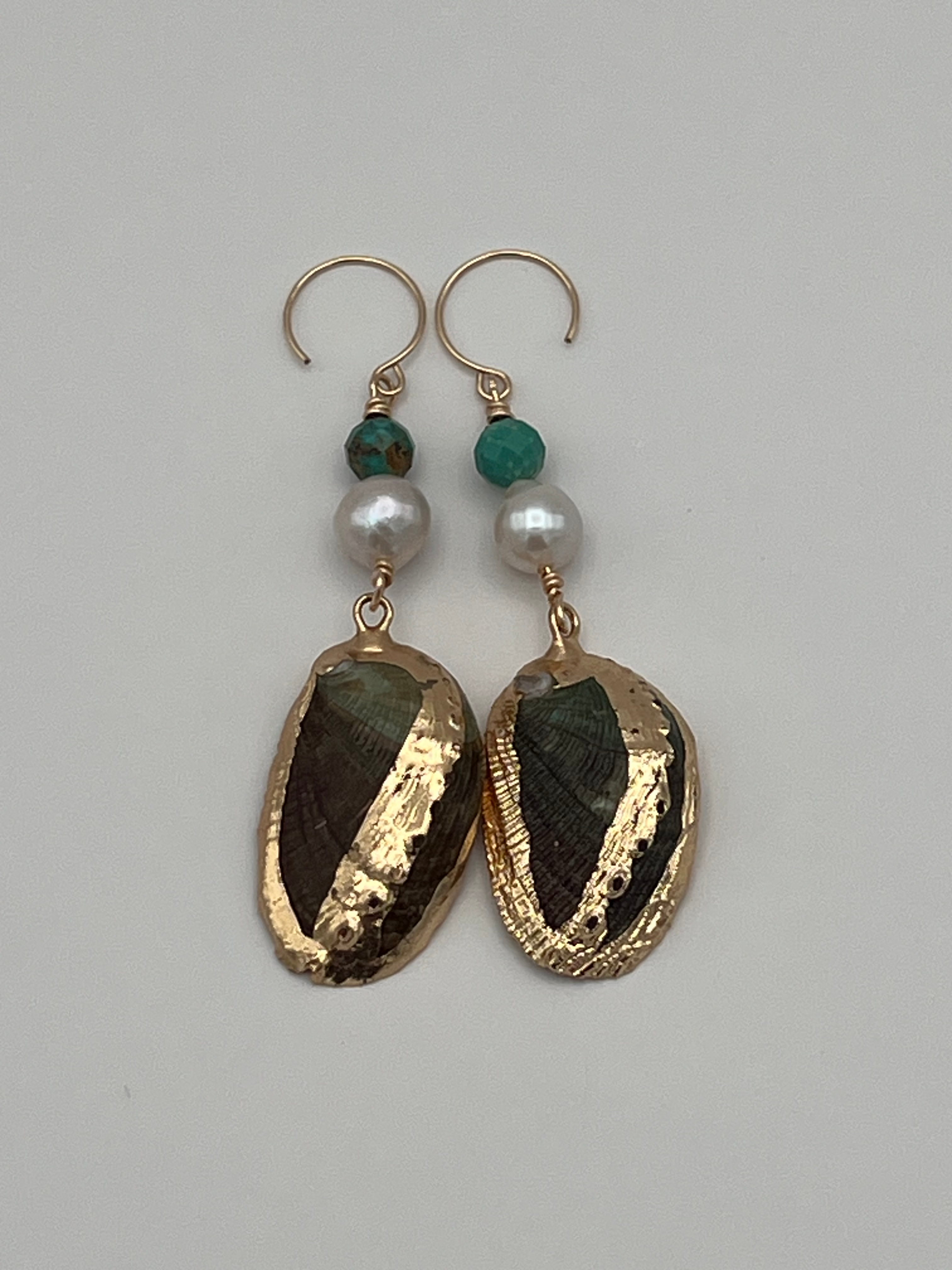 NEPTUNE’S EMBRACE EARRINGS- TURQUOISE AND FRESHWATER PEARL IN 14K GOLD FILLED 