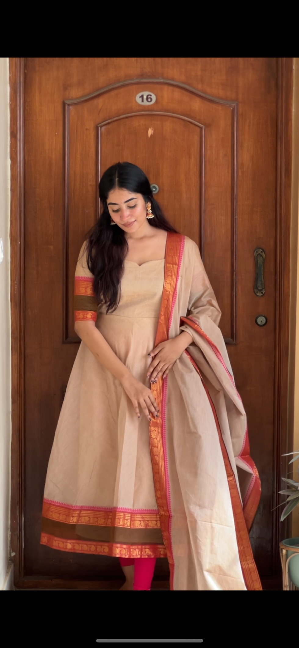 Thumbnail: Kanchi cotton Anarkali - offwhite & pink   